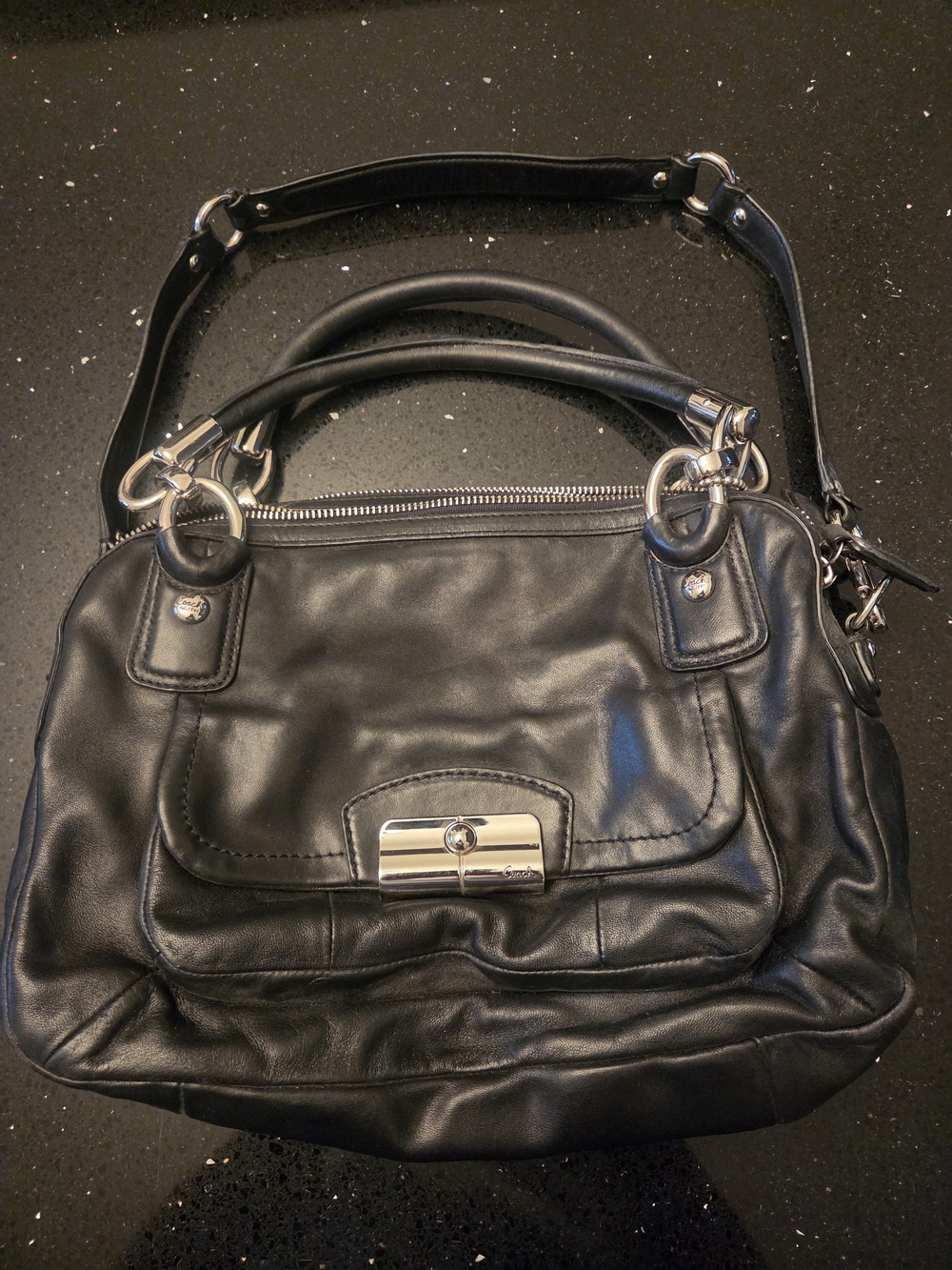 Coach Black Leather Satchel Handbag with Silver Hardware